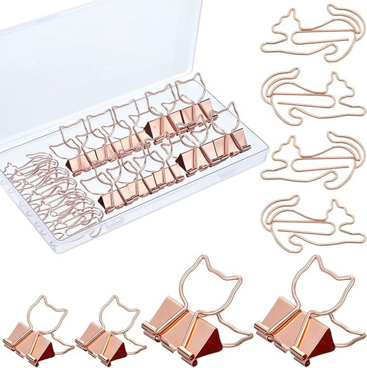 Eersida 55 Pieces Cat Binder Clips 30 Pcs Cute Metal Paper Clips and 2 Size 25 Pcs Rose Gold Pet Binder with Clear Box Fun Animal Supplies for School Office Paper Bookmark Cat Lovers Gift