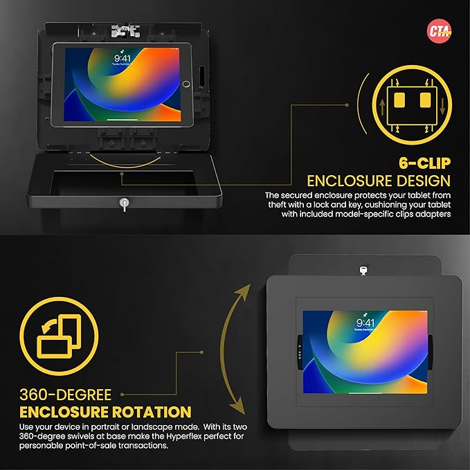 Locking iPad Wall Mount - CTA Anti-Theft Small Locking Tablet Enclosure w/ Key Lock & Interior Cable Routing for iPad Mini 1, 2, 3, 4, 5, 6, Samsung Tab A 8″, Lenovo Tab E8 - Black - (PAD-PSWB)