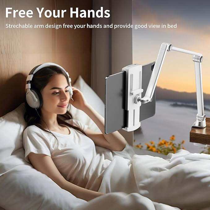 LULULOOK iPad Stand, Aluminum Alloy Mount - Adjustable for Desk, Compatible with iPad Pro 12.9, Mini, Galaxy Tabs, iPhone 16 Pro Max, Kindle, Tablet 4.7"-13" (2 Clips)