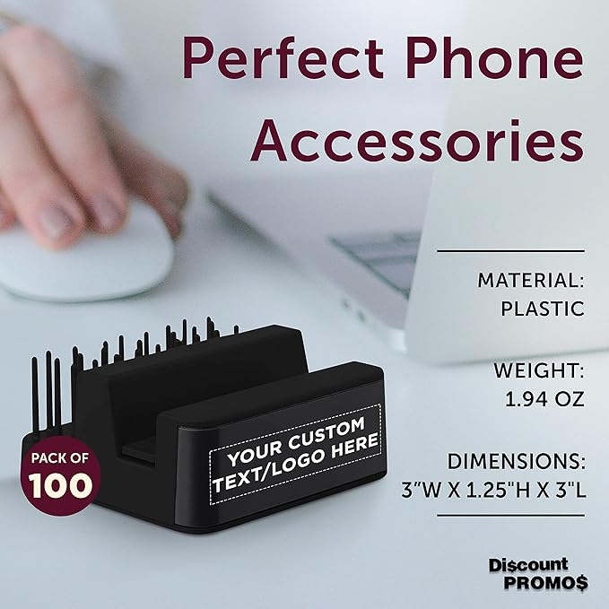 DISCOUNT PROMOS Custom Light Up Logo Phone Stands Set of 100, Personalized Bulk Pack - Essential Smartphone Accessory, Perfect for Office and Home - Black