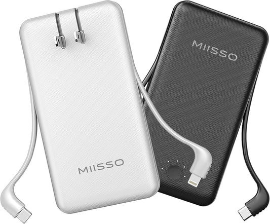 miisso Ultra Slim 10000mAh Power Bank Built-in Cables and Foldable AC Wall Plug, Pocket Size USB C Portable Charger, External Battery Pack Compatible with iPhone Samsung, 2 Pack Black & White