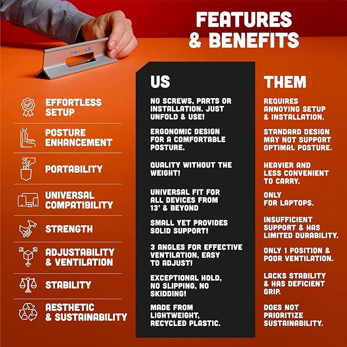 Steepy Portable Laptop Stand for Desk – Adjustable Height, & Portable Laptop Holder – Ergonomic Computer Stand for Cooling & Comfort – Slip-Proof, Sturdy Design – Universal Fit for 13-17 Inch Devices