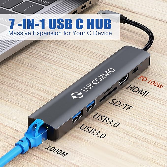 USB Hub 3.0, 7 in 1 USB Hub with 1000M Ethernet, 4K HDMI, 2 USB3.0, 100W PD, SD/TF Card Reader Docking Station Compatible with Your Cell Phone MacBook/Dell/HP/Surface/Lenovo/Steam Deck
