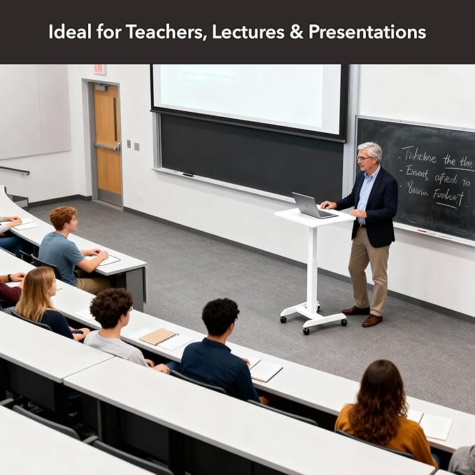 Mount-It! Adjustable Rolling Laptop Desk, Mobile Standing Desk with Wheels, Small Sit-Stand Computer Cart for Home, Office, or Classroom, 29.6–44.2" Height, 23.6"x20.5" Desktop, White