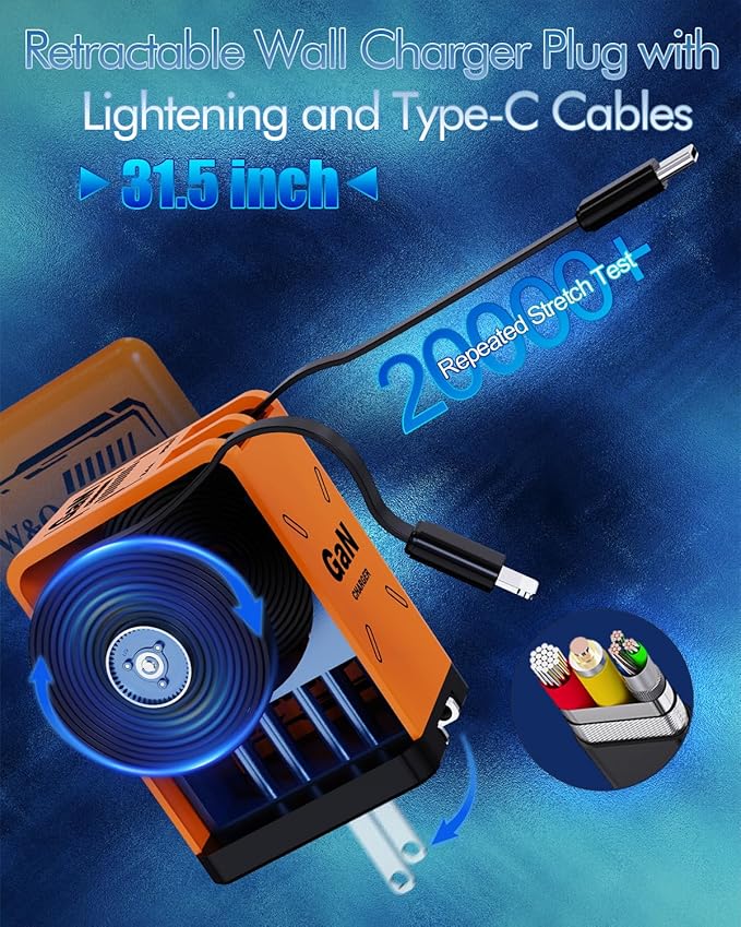 W&O gan Charger Fast Charger,45W Retractable Phone Charger Wall Plug with Lightening and Type-C Cables,for iPhone16/15/14/13/12/11 Series, Galaxy S25 24,Android and More (Orange)