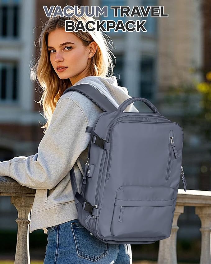 Vacuum Travel Backpack with Pump for Women, Personal Item Carry on Backpacks Flight Approved 18x14x8 inches for Men,Laptop Waterproof Work Compression bags Casual Daypack. (GreyBlue)