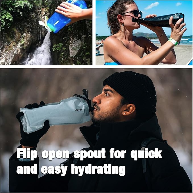 Vapur Collapsible Water Bottle With Carabiner, Compact Bottle Folds Flat For Hydration On The Go, Ideal for Traveling, Hiking or Camping, 34 Ounce, Water, Pack of 2
