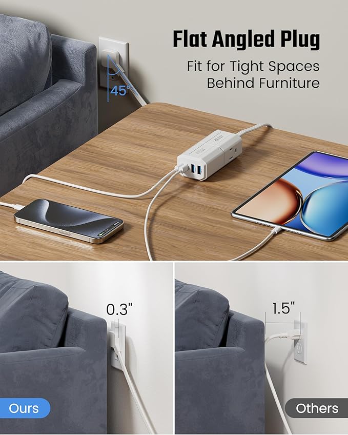 SUPERDANNY Detachable Travel Power Strip,45W USB Fast Charge,2 USB-C & 2 USB-A with 3 Outlet Flat Plug Extension Cord 10ft,Portable Charger for Travel Essentials for Travel Cruise Home, White