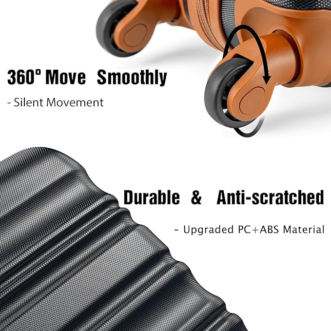 LONG VACATION 6 Piece Luggage Set Carry on Suitcase with ABS+PC hardshell, Spinner Wheels & YKK Zipper TSA Lock (BLACK-BROWN, 6 piece set)