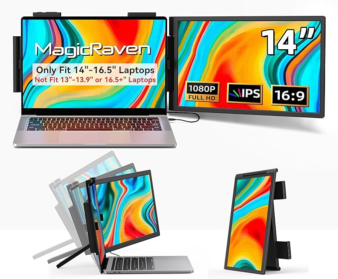 Laptop Screen Extender, 14" 1080P IPS Portable Monitor Travel Monitor for 14-16.5" Laptops with USB-C/HDMI Port, Plug and Play Attachment Screen for Windows/Mac/Android/Switch/PS5/Xbox