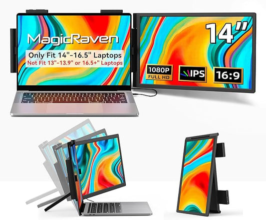 Laptop Screen Extender, 14" 1080P IPS Portable Monitor Travel Monitor for 14-16.5" Laptops with USB-C/HDMI Port, Plug and Play Attachment Screen for Windows/Mac/Android/Switch/PS5/Xbox