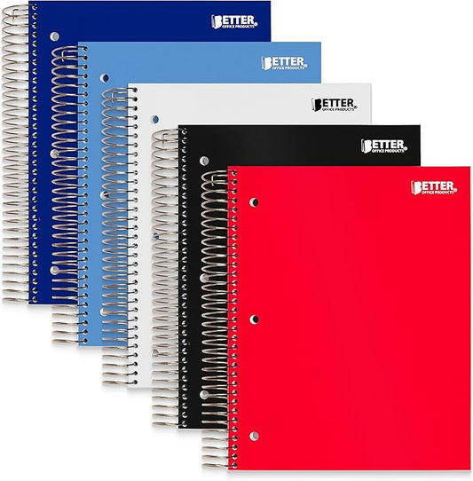 Better Office Products 5-Subject Spiral Notebook, 5 Pack, Assorted Color Poly Covers, College Rule, 200 Sheet Notebook with 4 Two-Sided Pocket Dividers, 11 x 8.5 inches