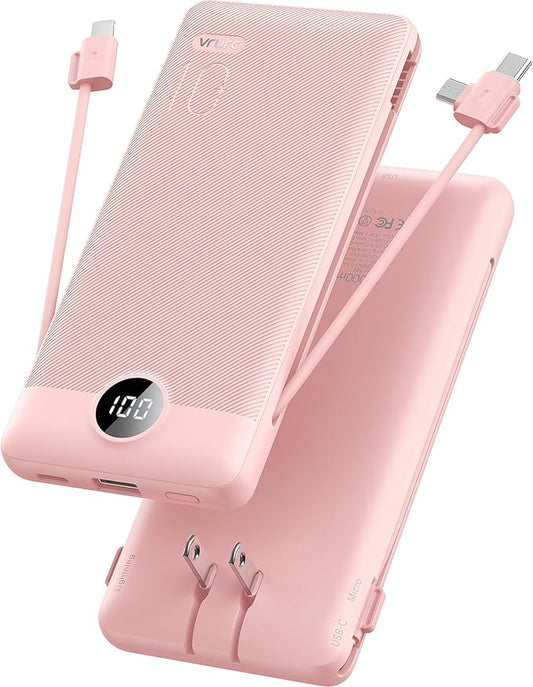 VRURC Portable Charger Built-in Cables and AC Wall Plug, USB C Power Bank 10000mAh, Travel Essentials Phone Charger Compact Lightweight External Battery Pack for Smart Phones, Tablets etc-Pink