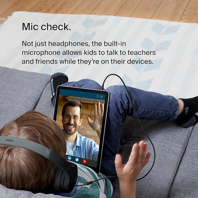 Belkin SoundForm Mini Kids Wired Headphones with Built-in Microphone & Fun Stickers, 85dB Safe Volume Limit – for Online Learning, Travel, Compatible w/iPhone 15, iPad, Galaxy S23, & More - Blue