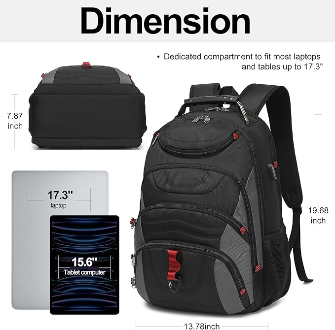 Boavan Laptop Backpack for men, 17.3 inch Laptop Bag with USB Port, Waterproof Travel Work Backpack Purse, Anti-Theft Teacher Nurse Doctor Casual Bookbags Office Business backpack，Black&Dark Grey