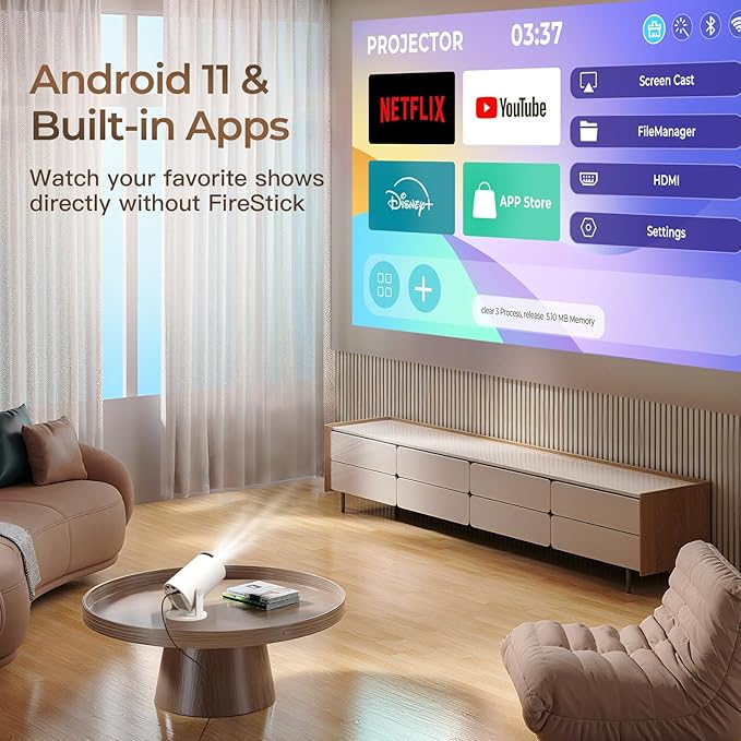 Mini Projector with WiFi and Bluetooth Built-in Android 11, 1080P 4K Support Portable Projector LYNCAST 180°Rotatable Upgrade HY300pro+ Projector for Home,Outdoor Use OptiBarrel 005