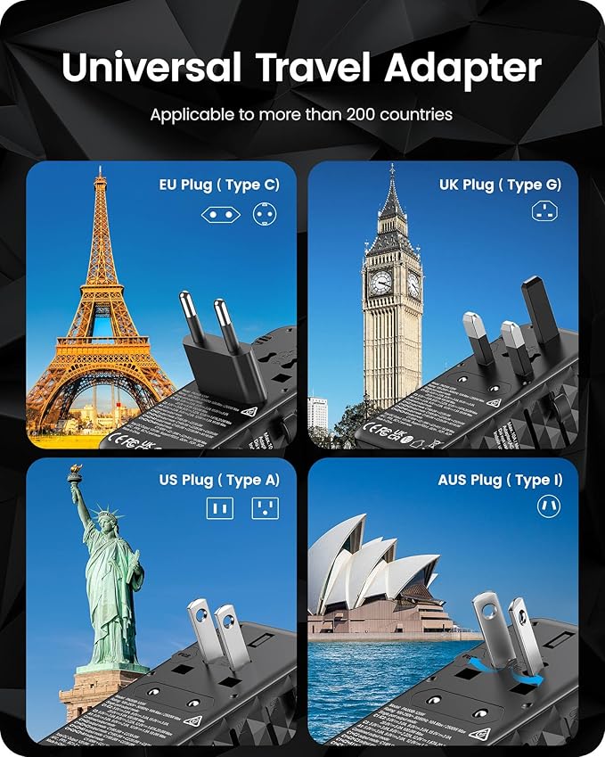 LENCENT 120W Universal Travel Adapter, GaN International Travel Adapter with 3 USB-C 1 USB-A Ports, Worldwide Fast Charger for Cameras Phones, All in One Power Converter for USA EU UK AUS Black