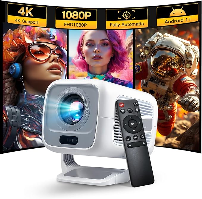 Smart Projector Android OS, Native 1080P Full HD 4K Support 12000 Lumens, Built-in Apps, Electric Focus & Auto Keystone Portable Projector with Dolby Sound, WiFi&Bluetooth, Compatible with iOS/HDMI