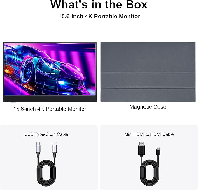 4K Portable Monitor 15.6" 3840×2160P（16:9） Screen 100sRGB IPS Display, with HDMI & USB-C Plug & Play, External Monitor for Laptops/MacBook/PCs/Phones/Xbox/Switch/ PS4/5/NVR