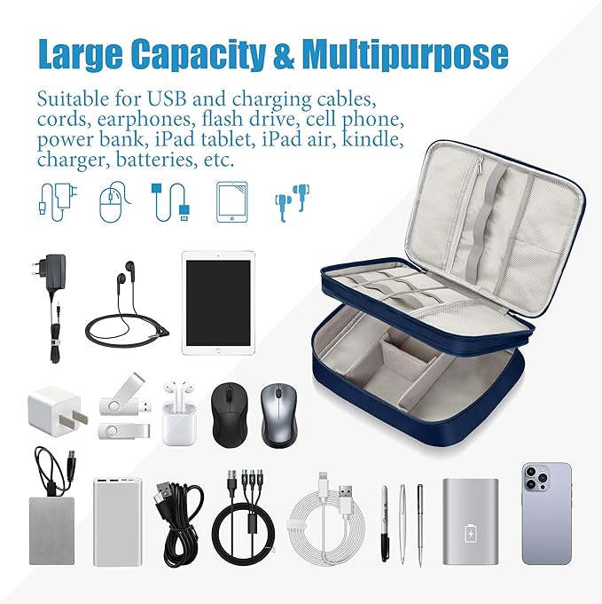 SELLYFELLY Electronics Travel Organizer, Double Layer Cable Organizer Bag Watreproof Electronics Accessories Storage Bag for Cord, Charger, Phone, Power Bank, Hard Drive