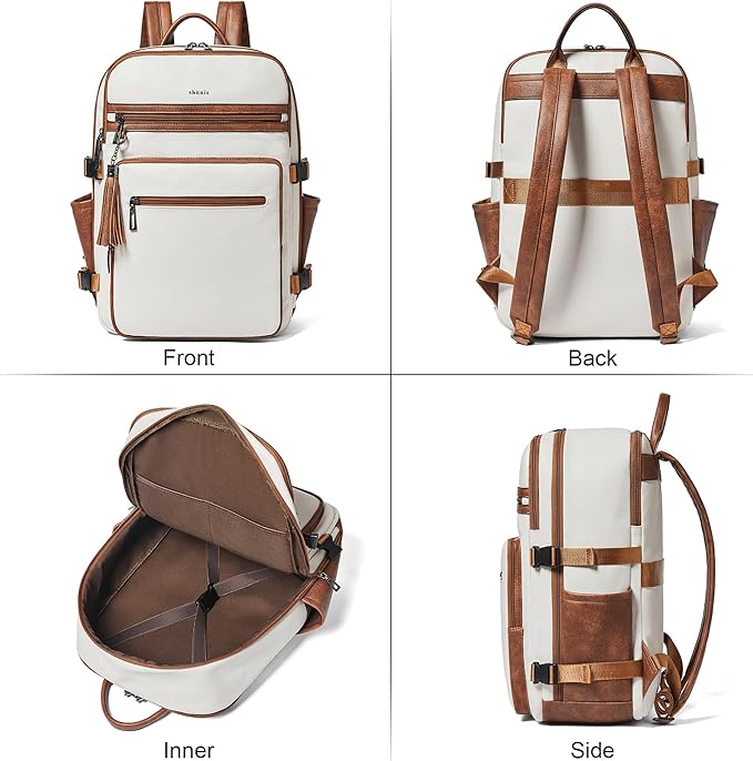 Shrrie Laptop Backpack for Women,Vegan Leather Backpack Work Computer Backpacks fits 16" Laptop,Water Resistant Teacher Nurse Casual Daypack for Weekender Camping Travel,Beige with Brown