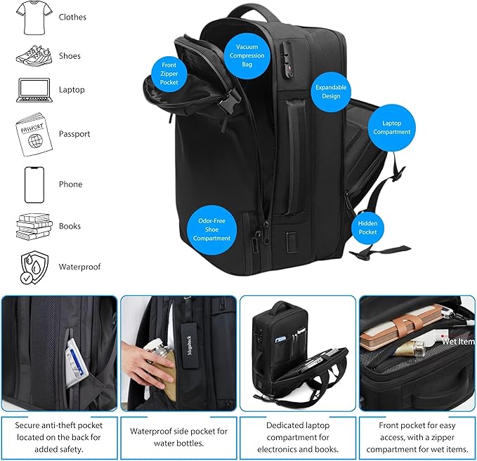 Vacuum Travel Backpack, 70L Expandable Air Vacuum Backpack for Travel, Vacpack Travel Vacuum Bags with Pump, TSA Lock, USB Charging Port, Waterproof