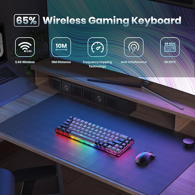 65% Wireless Gaming Keyboard, Rechargeable, LED Backlit, Plug-and-Play, Ultra-Compact Anti-ghosting No-Conflict Keyboard for PC Laptop Windows (Grey-Black)