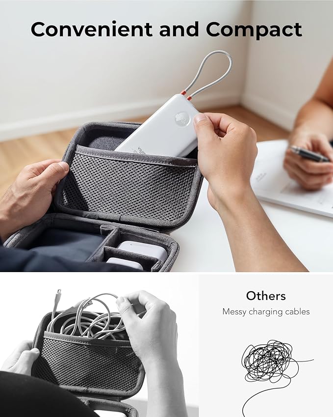 Slim Portable Charger 10000mAh, Travel Power Bank with Built-in USB-C Cable & LED Display, 22.5W Fast Charging Battery Pack Compatible with iPhone 16 15 Samsung S24 S23 -White