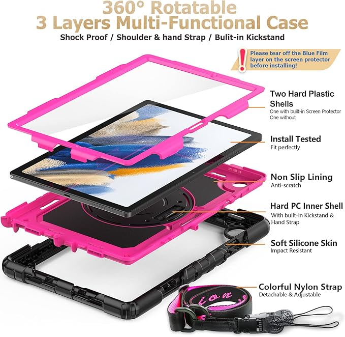 SEYMAC stock Case for Samsung Galaxy Tab A8 10.5'', Full-Body Drop Protection Case with Screen Protector Pencil Holder [360° Rotating Hand Strap] &Stand, Pink+Black