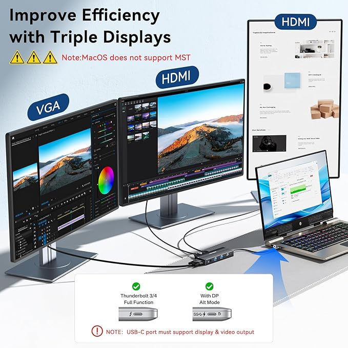 ANYOYO USB C Docking Station Dual HDMI Monitor Adapter 8-in-1 USB C HUB 3 Monitors Adapter with 4K HDMI +VGA +PD100W+Audio Laptop Docking Station for Dell/Lenovo/HP/Samsung/ASUS (Black)