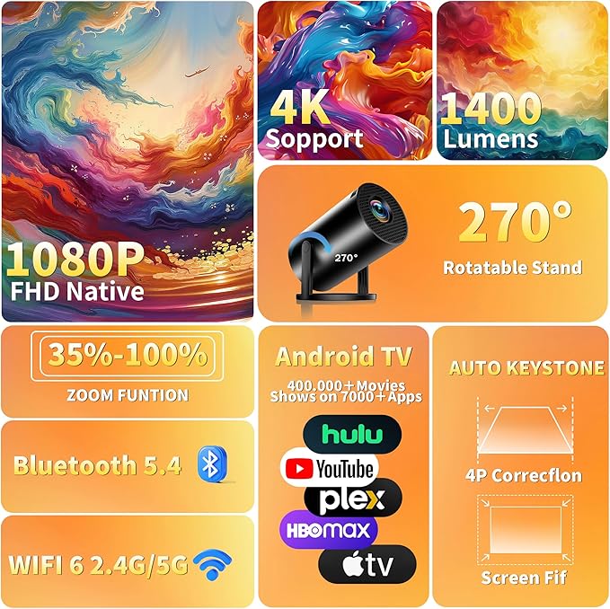 Mini Projector, Support 4K 1080P Portable Projector with Bidirectional WIFI6 5G and Bluetooth5.4, 270° Rotatable, Auto Keystone Correction, 35"-130" Video Projecto Compatible with HDMI/USB/Phone-Black