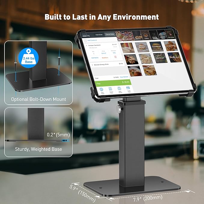 AboveTEK Anti-Theft iPad Kiosk Stand, 360 Rotation & Adj. Height 8.3"–13.4", Heavy-Duty Steel & Aluminum, Fits 9.7"-13" Tablets, Security Retail POS Tablet Stand for Business & Commercial Use