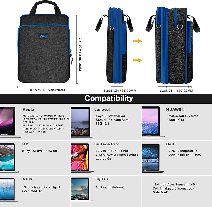 ZINZ Slim & Expandable Case 12.9 13 inch Travel Laptop Shoulder Bag for MacBook Air 13" M3/M2/M1, MacBook Pro 13" M2/M1, iPad Pro 12.9"/13"/11", iPad Air 13",B01K03