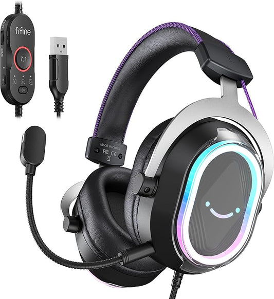 FIFINE Wired Gaming Headset: 7.1 Surround Sound - Vibrant RGB Lighting - NC Mic - Ergonomic Ear Pads - Control Box, Streaming USB Headset for PC, PS5/PS4, Laptop, Mac - AmpliGame H13BP (Black&Purple)