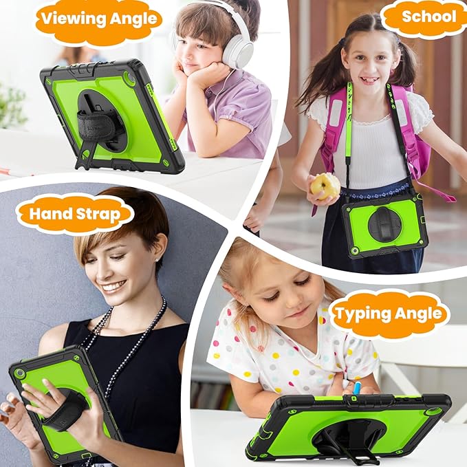 SEYMAC stock Case for Samsung Galaxy Tab A9 8.7'', Full-Body Drop Protection Case with Screen Protector Pencil Holder [360° Rotating Hand Strap] &Stand, Green+Black