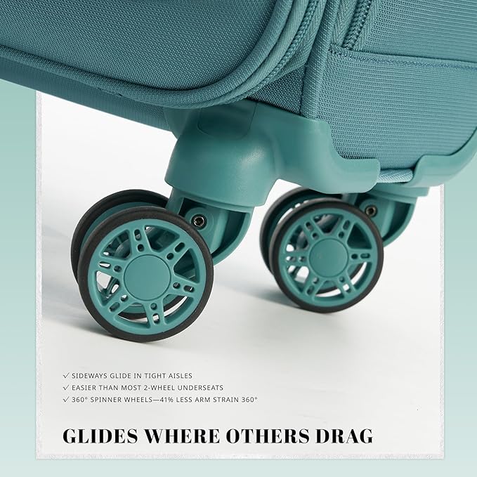 Verage 18x14x8in Spinner Underseat Carry-On Luggage -Airplane Personal Item Bag, USB A&C Charging Port, Padded Laptop Pocket & Wet/Dry Compartments for Women, Misty Aqua