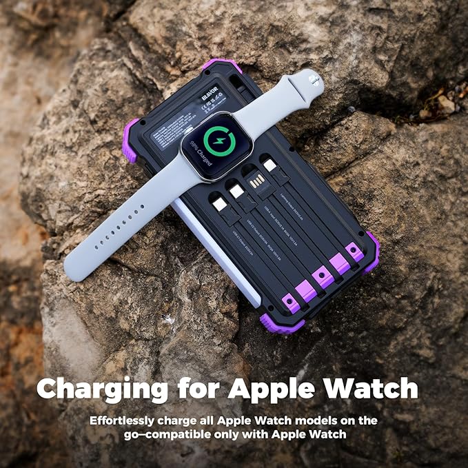 BLAVOR Solar Power Bank 20000mAh/74000mWh Built-in Cables, Wireless Charger for Apple Watch, 20W Fast Charging Battery Pack with USB C, Flashlight, Solar Charger for iPhone, iPad, iWatch, Samsung