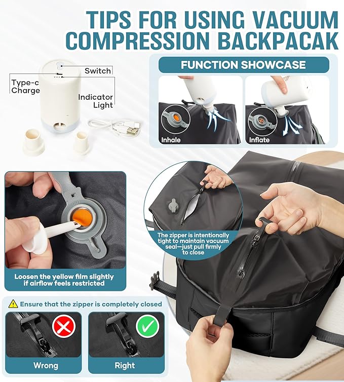 Vacuum Travel Backpack with Pump Women Personal Item Carry on Vacpack Backpacks Flight Approved 18x14x8 inches Men Laptop Waterproof Work Compression bags Casual Daypack Black Vacuum seal backpack
