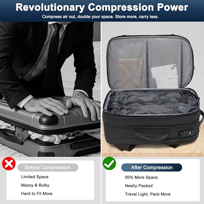Vacuum Backpack Travel – Expandable Compression Carry On Backpack with Vacuum Pump, Water-Resistant TSA Lock Travel Bag, 17" Laptop Backpack for Men Women, Business Airplane Flight Luggage, Black