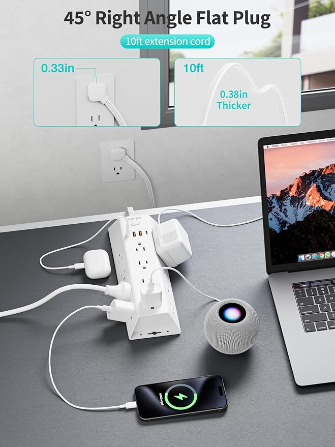 10FT Surge Protector Power Strip, HOPOW Long Extension Cord with 12 Widely AC Outlets 4 USB (2-USB C), Flat Plug, Wall Mount Power Strip, 1700 Joules Charging Station for Home Office, White