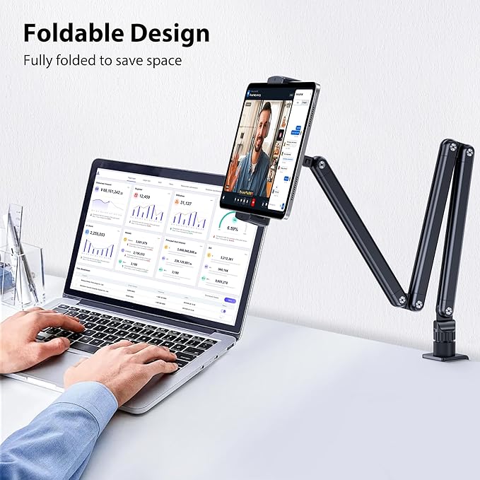 Tablet Desk Stand Holder, Extendable Arm Table Mount for iPad, Aluminum 360° Rotating Bracket with Metal Base, Compatible with 4.7-13 Inch Tablets, Phones, Samsung Galaxy, Kindle Fire HD