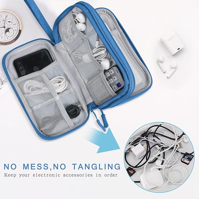 Skycase Electronic Organizer Travel Case - Waterproof Travel Cord Pouches for Organization, Cable Organizer, All-in-One Double Layers Storage Bag for Accessories, Charger, Cable, Blue