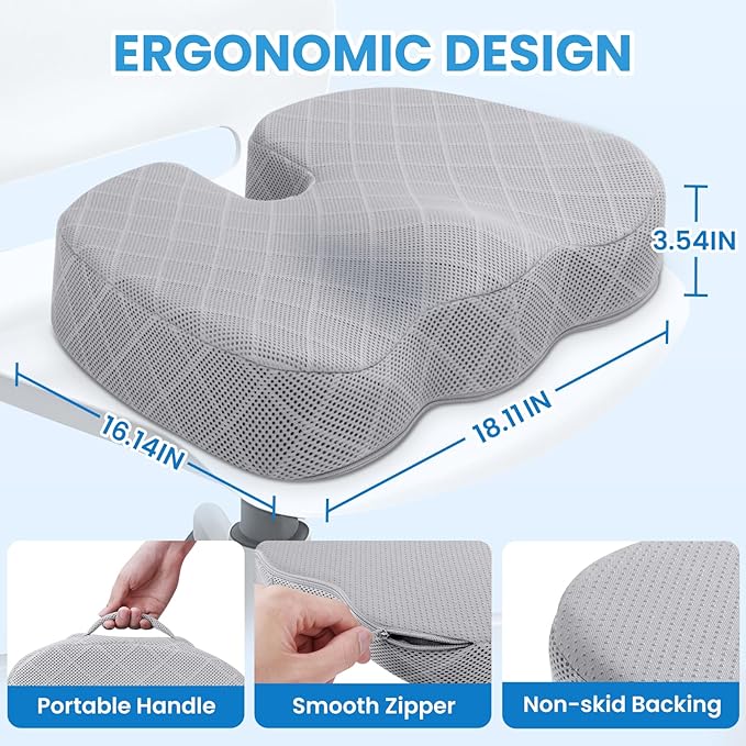 TushGuard Office/Car Seat Cushion, Non-Slip Sciatica & Back Coccyx Tailbone Pain Relief Chair Pad, Memory Foam Butt Pillow for Computer Desk, Wheelchair, Driving (Light Grey, X-Large)