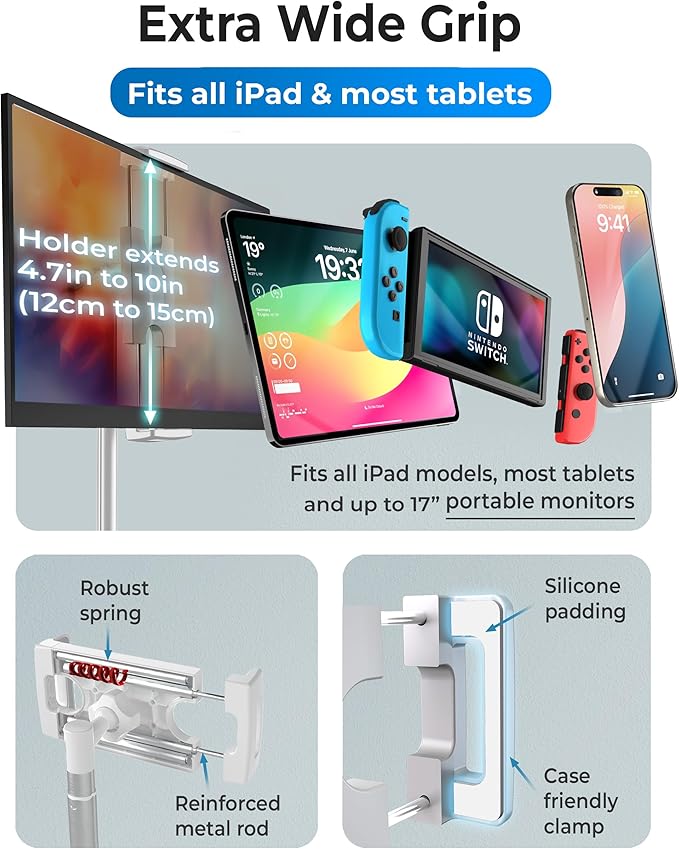 COOPER TabStand, 20" Tall iPad Stand for Desk, Portable Monitor Holder up to 17" Holds 4.4lb, Desktop Tablet Stand, Tablet Mount, Apple iPad Holder for Desk, for Samsung, Kindle, Fire (Frost White)