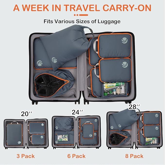 Cipway Compression Packing Cubes, Lightweight Travel Luggage Organizers with Shoe Bag, Toiletry Bag & Laundry Bag, Travel Essentials for Carry on Suitcase (8 Piece,Gray)