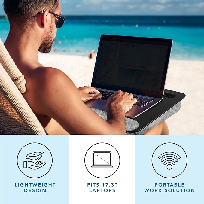 LAPGEAR Portable Laptop Lap Desk with Pillow Cushion, Anti-Slip Strip, Tablet or Phone Storage Slot, Pen and Pencil Pocket, and Wrist Rest - Black - Fits up to 15.6 Inch Laptops - Style No. 91348