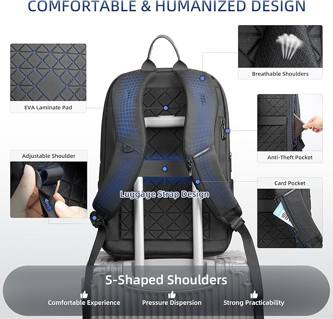 Men’s Travel Laptop Backpack with USB Charging Port, Water Resistant Carry On Backpack for 15.6 Inch Computer, Anti-Theft Laptop Bag, 25L Weekender Business Work College- Black