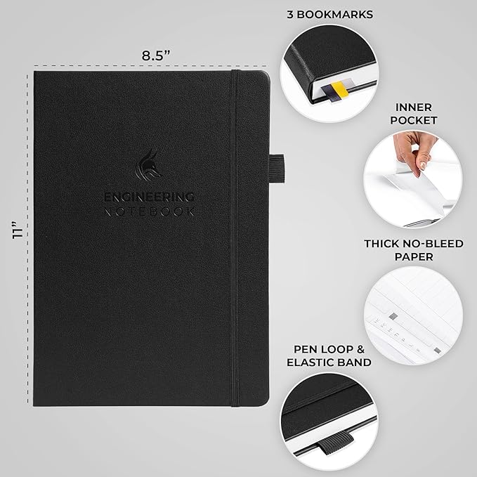 Clever Fox Engineering Notebook – Hardcover Grid Notebook with Numbered Pages, Table of Contents – Patent, Lab & Invention Journal for Engineers & STEM (Black)
