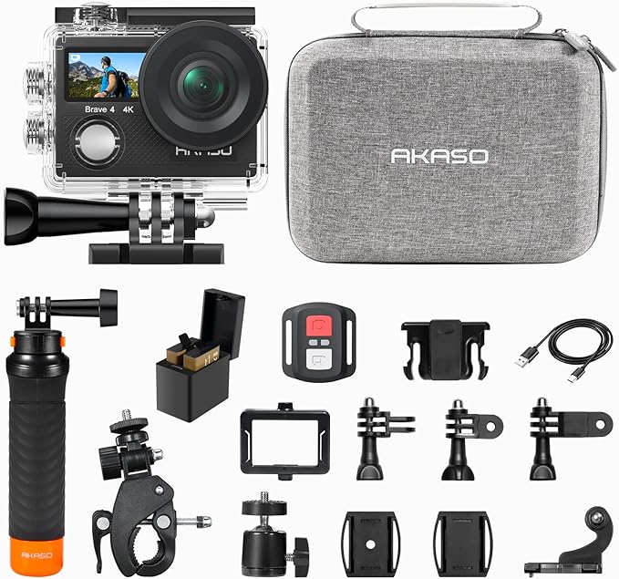 AKASO Brave 4 Action Camera with Waterproof Floating Hand Grip and Carry Bag Bundle - 4K30 20MP Ultra Hd EIS 131ft Underwater Camera 5xZoom Dual Screen with Helmet and Bicycle Accessories Kit