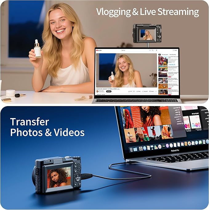 Digital Camera 5K, 64MP Cameras for Photography, YouTube Vlogging, 18X Zoom UHD Autofocus Compact Point and Shoot Flip Screen Camera with 64GB SD Card, 2 Batteries, Small Photo Camera for Kids, Teen